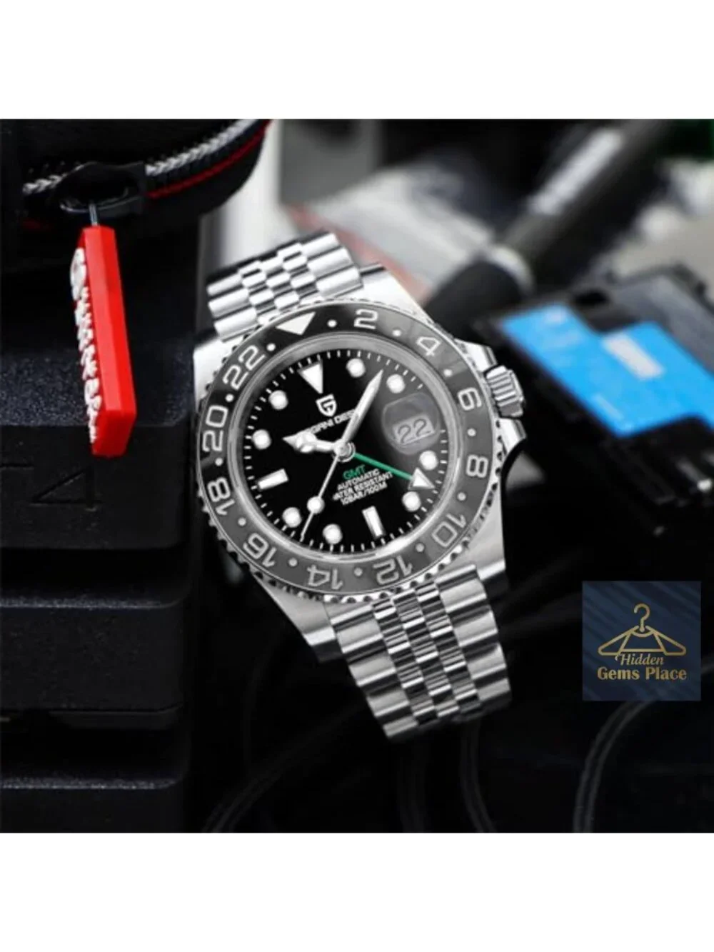 Men's Automatic GMT Watch Stainless Steel Sapphire 100M Waterproof Mechanical